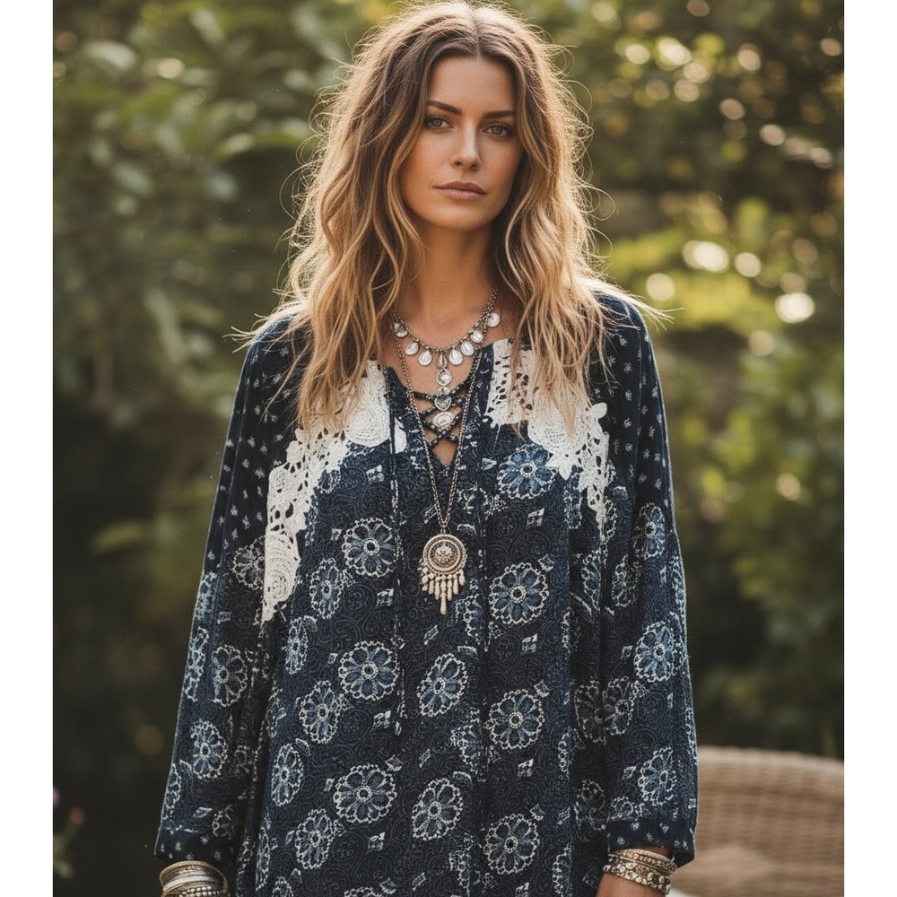 Loft S Top Black Floral Lace Up Flowy Oversized Boho Peasant Cottage Fairy‎